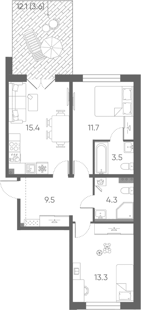 Планировка: Евротрёшка 57,7 м² в ЖК «Пулково Лейк»