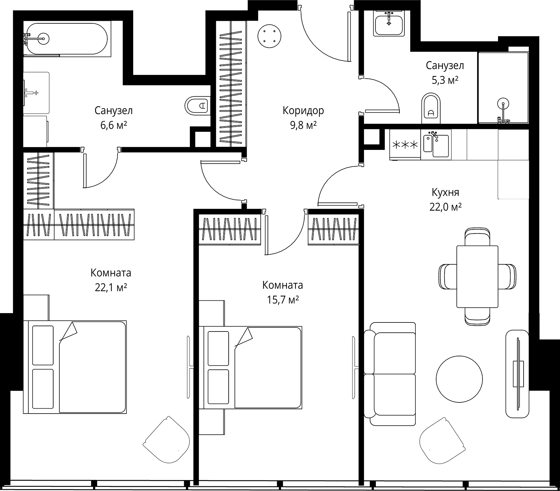 Планировка: Евротрёшка 81,5 м² в ЖК «ОНЕ»
