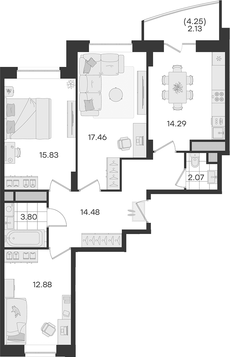 Планировка: 3-комнатная квартира 80,8 м² в ЖК «Новый Весенний»