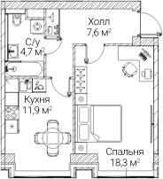 Планировка: 1-комнатная квартира 43 м² в ЖК «СЕЗАР БУДУЩЕЕ»