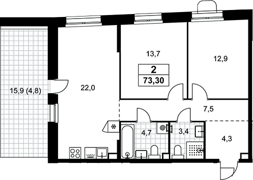 Планировка: Евротрёшка 68,5 м² в ЖК «Прокшино»