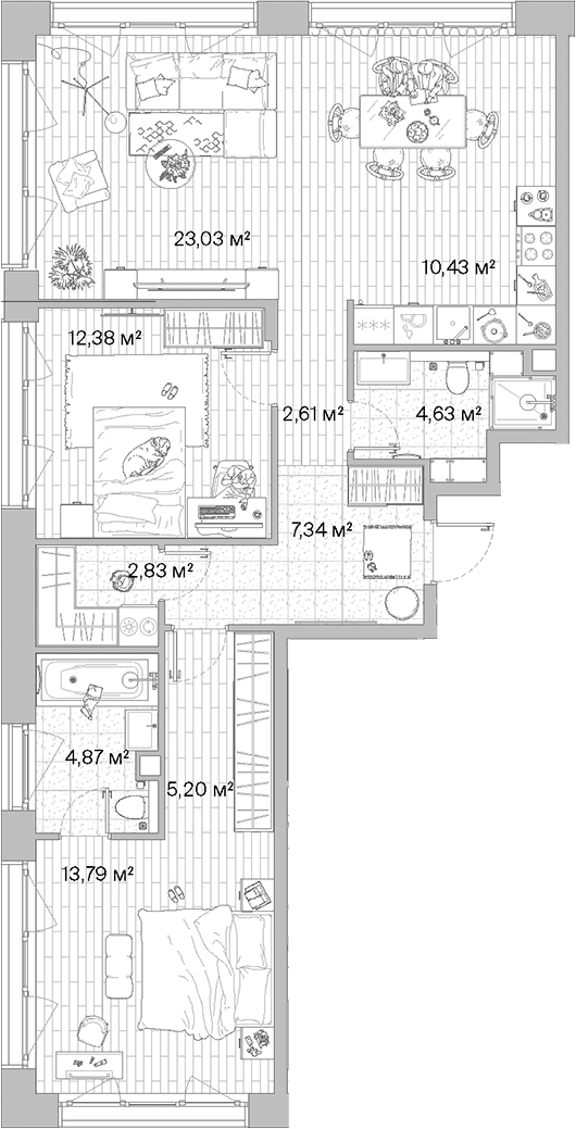 Планировка: Евротрёшка 87,1 м² в ЖК «МЫС»