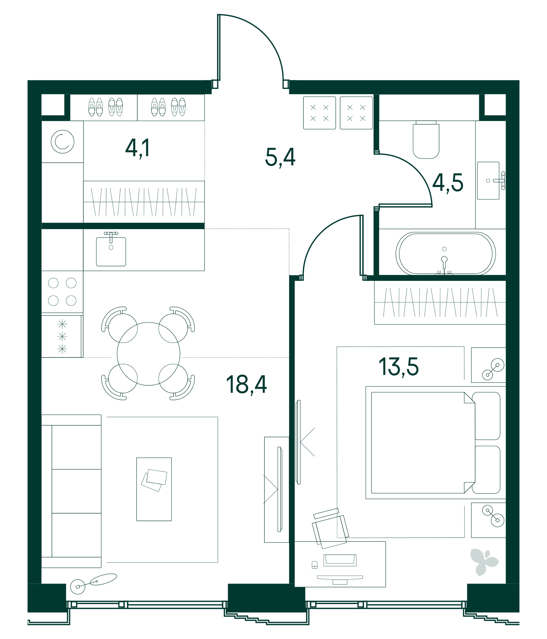 Планировка: Евродвушка 45,9 м² в ЖК «Клубный город на реке Примавера»