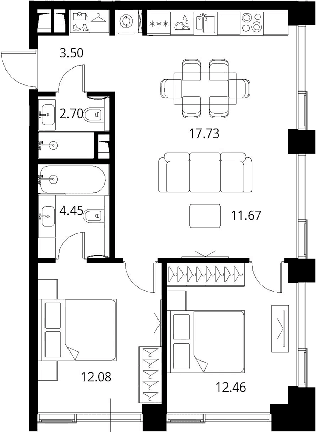 Планировка: Евротрёшка 64,6 м² в ЖК «Сити Бэй»