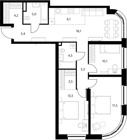 Планировка: Квартира евро-4 92,6 м² в ЖК «Адмирал»