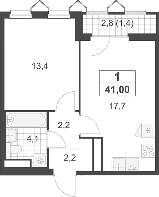 Планировка: Евродвушка 39,6 м² в ЖК «Деснаречье»