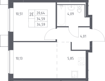 Планировка: Евродвушка 34,6 м² в ЖК «Прибрежный Парк»