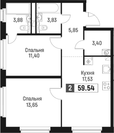 Планировка: Евротрёшка 59,5 м² в ЖК «Максималист»
