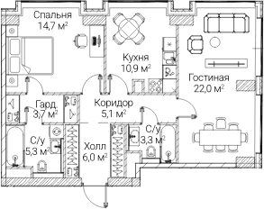 Планировка: 2-комнатная квартира 70,7 м² в ЖК «СЕЗАР БУДУЩЕЕ»