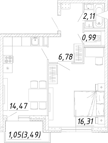 Планировка: 1-комнатная квартира 40,7 м² в ЖК «Догма Юкки»
