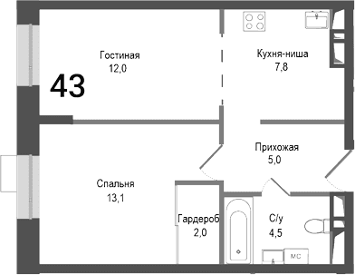 Планировка: Евродвушка 44,4 м² в ЖК «Киноквартал»