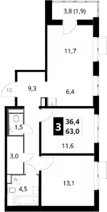 Планировка: Евротрёшка 61,1 м² в ЖК «1-й Донской»