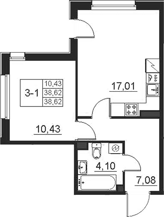 Планировка: Евродвушка 38,6 м² в ЖК «Поинт Токсово»