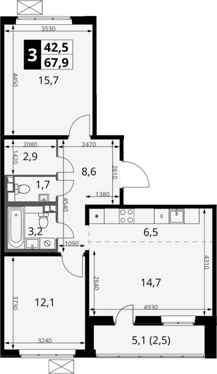 Планировка: Евротрёшка 65,4 м² в ЖК «1-й Южный»