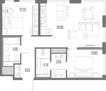 Планировка: Евротрёшка 72,1 м² в ЖК «Легенда у Моря»