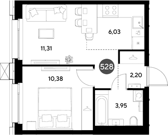 Планировка: Евродвушка 33,9 м² в ЖК «ЭВО»