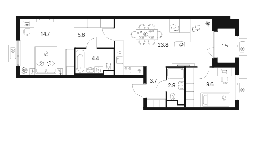 Планировка: 2-комнатная квартира 64,7 м² в ЖК «Белая Дача парк»