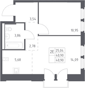 Планировка: Евродвушка 40,9 м² в ЖК «Космический Квартал»