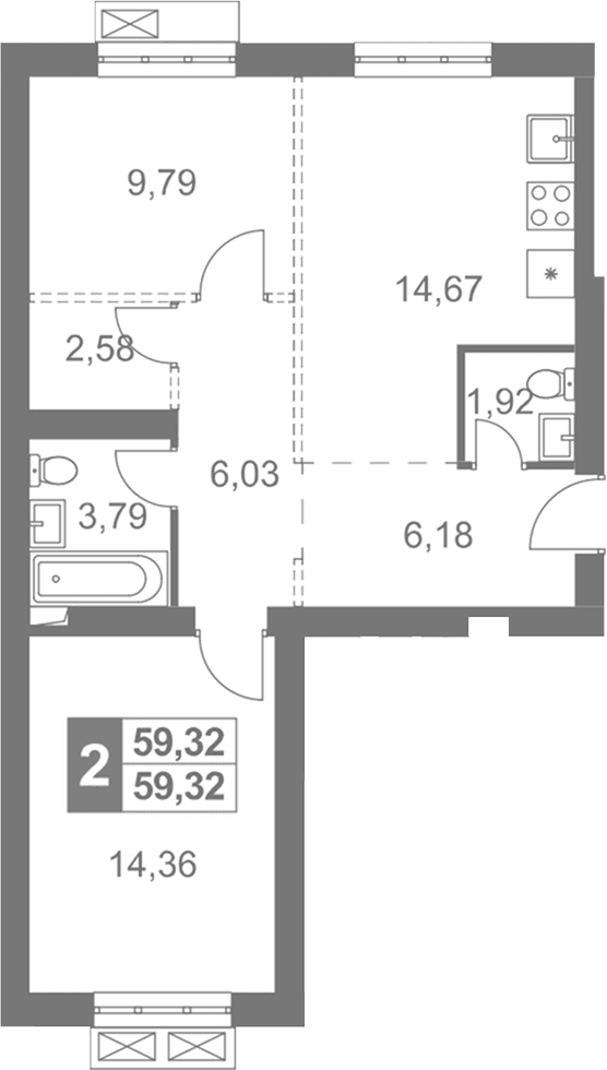 Планировка: 2-комнатная квартира 59,3 м² в ЖК «Жаворонки Клаб»