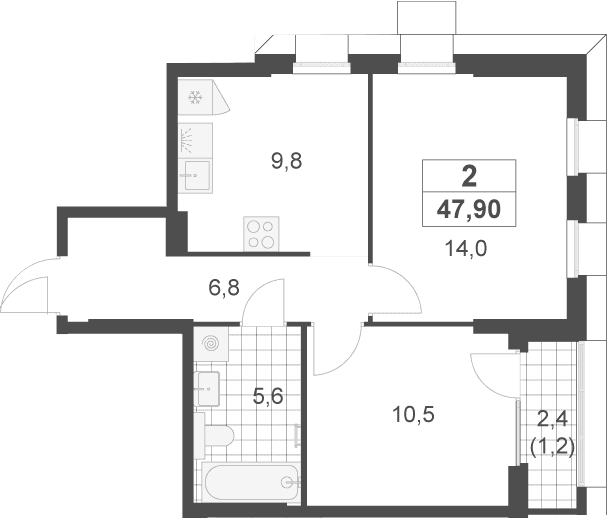 Планировка: 2-комнатная квартира 46,7 м² в ЖК «Скандинавия»