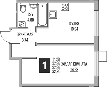 Планировка: Евродвушка 33 м² в ЖК «Гранель Притяжение Сити»