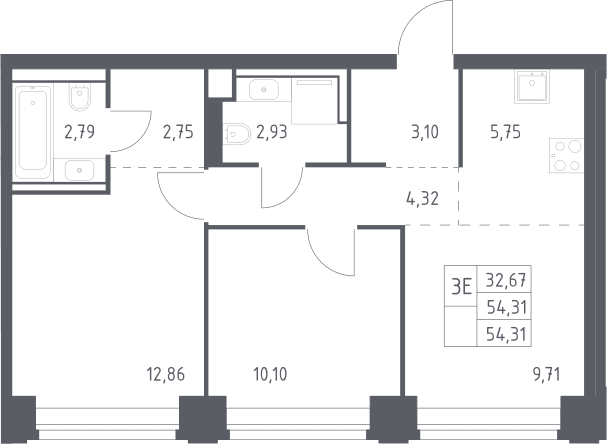 Планировка: Евротрёшка 54,3 м² в ЖК «НОВА»