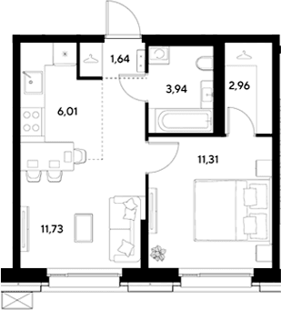 Планировка: Евродвушка 37,6 м² в ЖК «ЭВО»