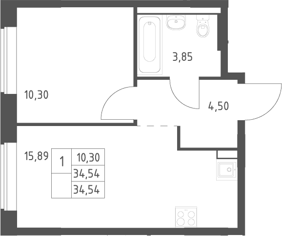 Планировка: Евродвушка 34,5 м² в ЖК «Большое Юрлово»
