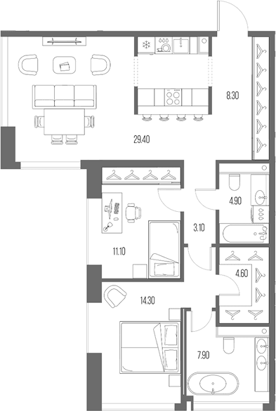 Планировка: 2-комнатная квартира 83,6 м² в ЖК «Северный Порт»