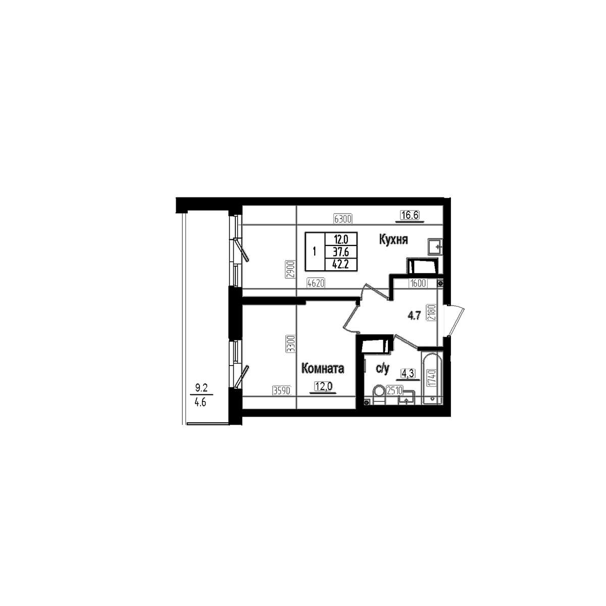 Планировка: Евродвушка 37,6 м² в ЖК «Прагма Сити»