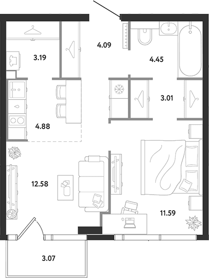 Планировка: 1-комнатная квартира 43,8 м² в ЖК «Ридж»