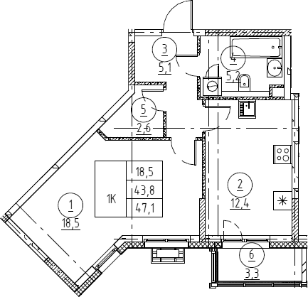 Планировка: 1-комнатная квартира 44,2 м² в ЖК «Крылов»