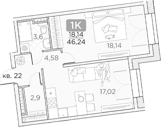 Планировка: 1-комнатная квартира 46,2 м² в ЖК «Гильдия»