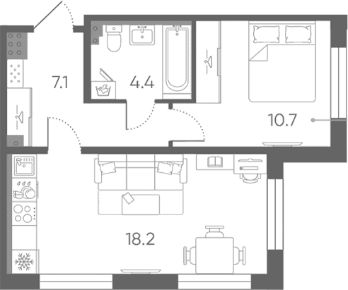 Планировка: Евродвушка 40,4 м² в ЖК «Пулково Лейк»