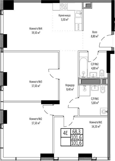 Планировка: Квартира евро-4 101,6 м² в ЖК «Мираполис»
