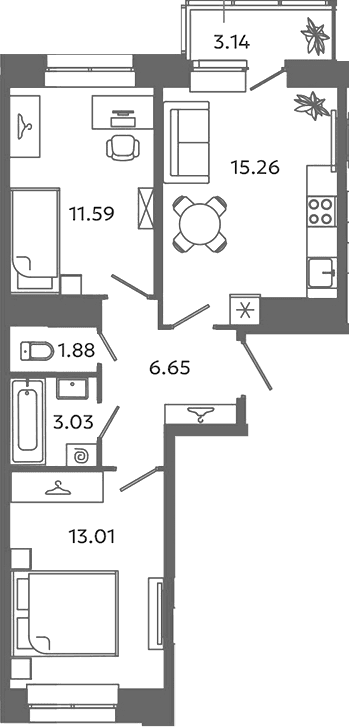 Планировка: Евротрёшка 51,4 м² в ЖК «Загляденье»