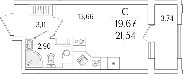 Планировка: Студия 19,7 м² в ЖК «Гранат»