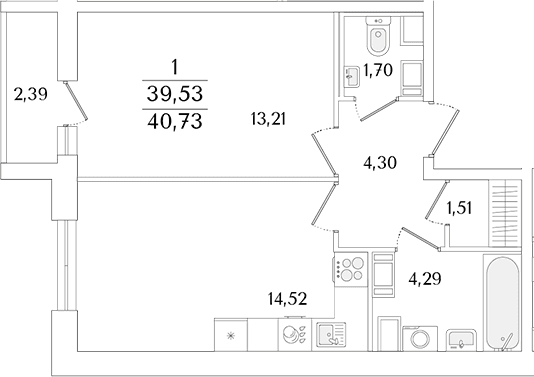 Планировка: Евродвушка 39,5 м² в ЖК «Кинопарк»
