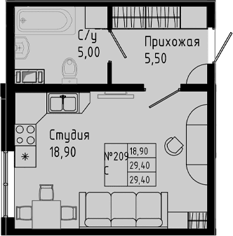 Планировка: Студия 29,4 м² в ЖК «PIXEL»