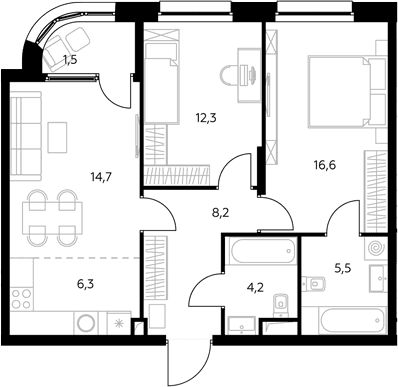Планировка: Евротрёшка 68,1 м² в ЖК «Адмирал»