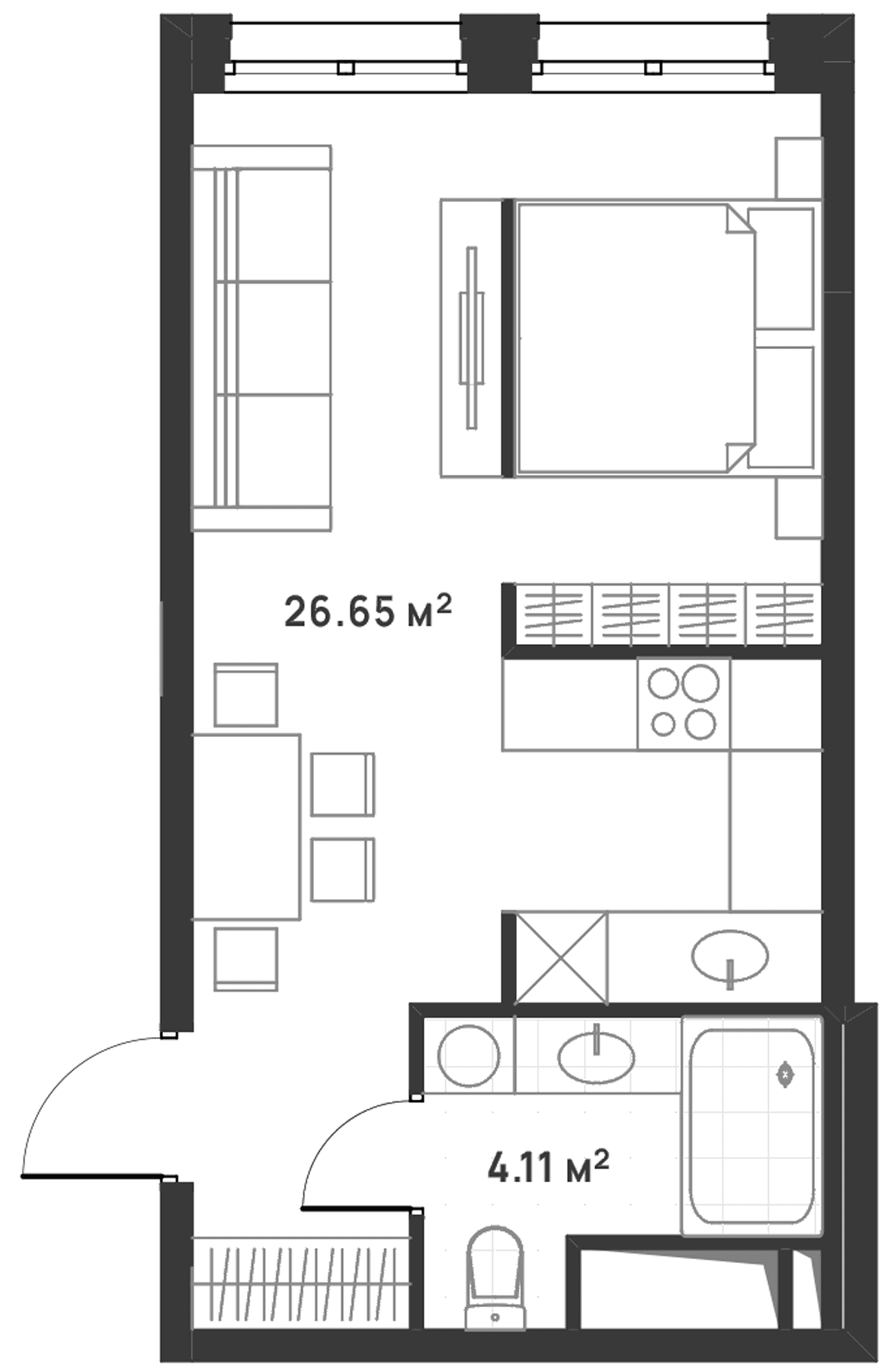 Планировка: Студия 30,8 м² в ЖК «Дюна»