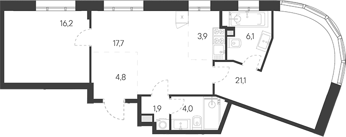 Планировка: Евротрёшка 75,7 м² в ЖК «Родина Переделкино»