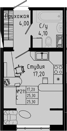 Планировка: Студия 25,3 м² в ЖК «PIXEL»