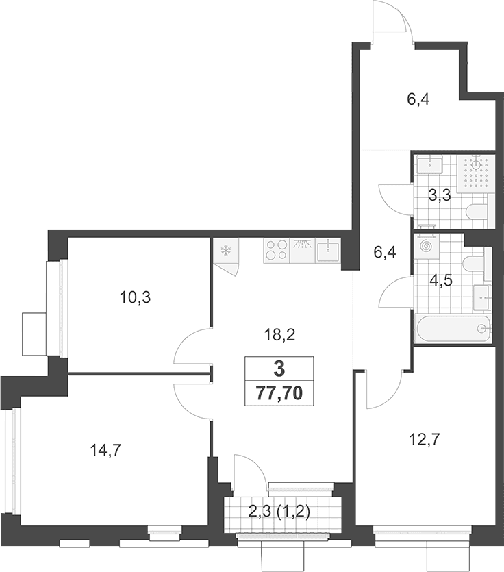 Планировка: Квартира евро-4 76,5 м² в ЖК «Южные сады»