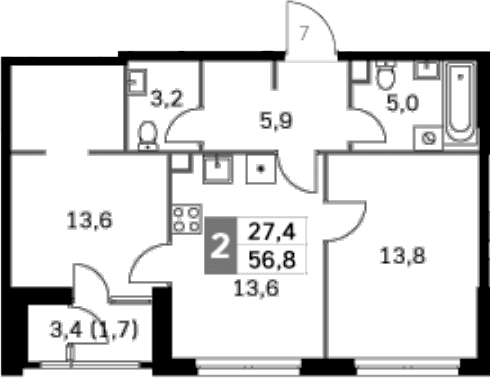 Планировка: 2-комнатная квартира 53,4 м² в ЖК «Скай Гарден»