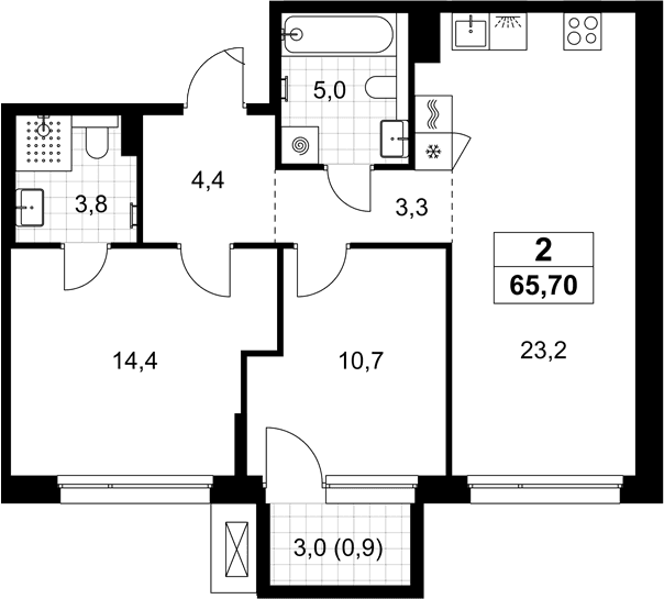 Планировка: Евротрёшка 64,8 м² в ЖК «Хольм»