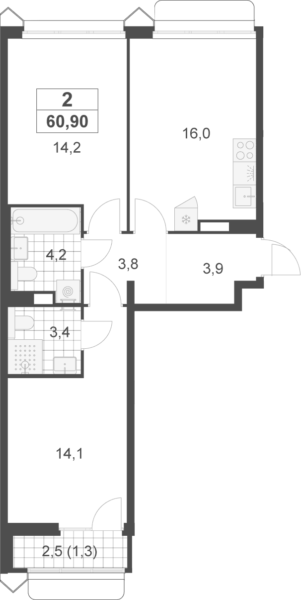 Планировка: Евротрёшка 59,6 м² в ЖК «Деснаречье»