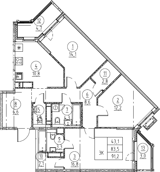 Планировка: 3-комнатная квартира 83,5 м² в ЖК «Крылов»