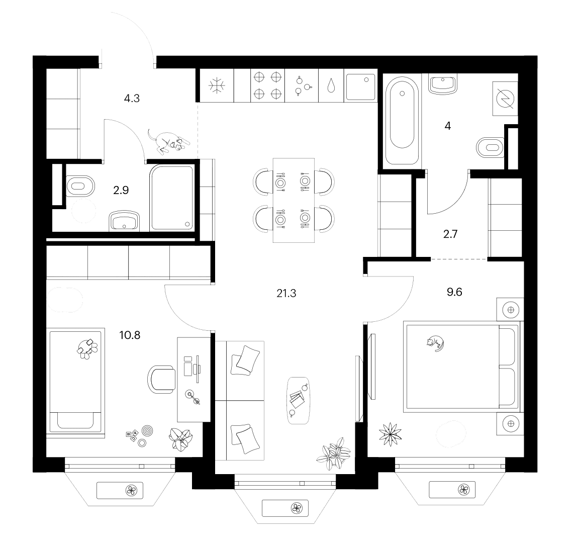 Планировка: 2-комнатная квартира 55,6 м² в ЖК «Зеленый парк»