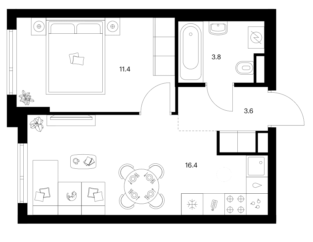 Планировка: 1-комнатная квартира 35,2 м² в ЖК «Зеленый парк»